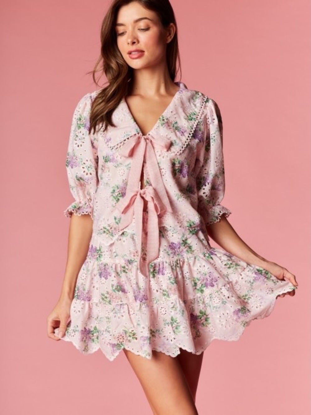 Rareraw Pink Floral Eyelet Tie Front Blouse Sz S Coquette Cottagecore Romantic